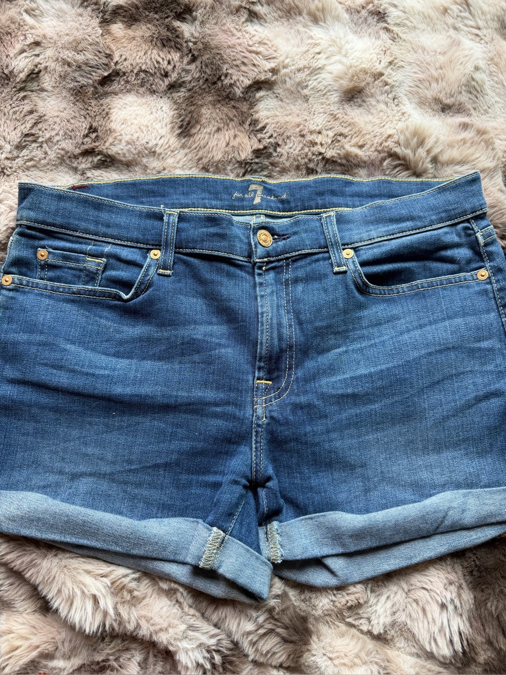 7 For All Mankind Blue Rolled-Cuff Jean Shorts